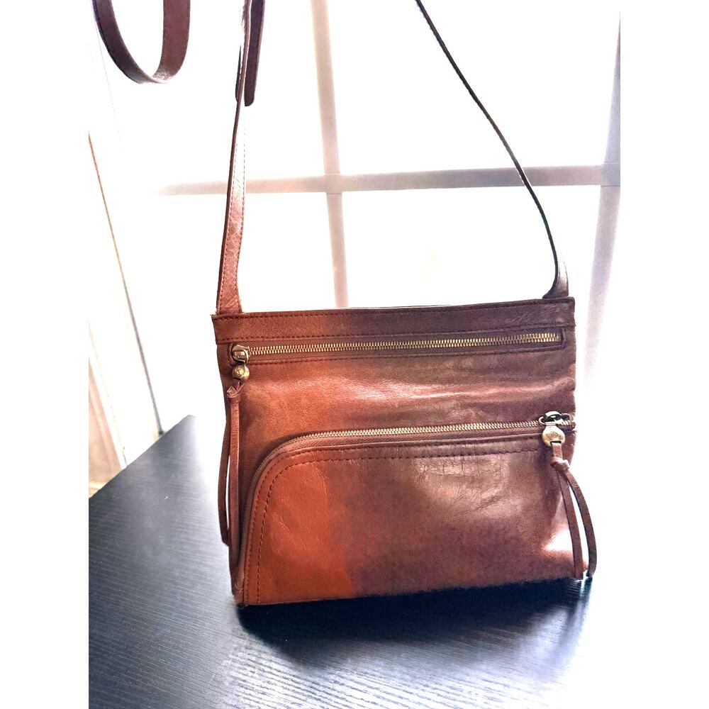 HOBO Genuine Leather Crossbody Bag Brown Vintage Style Multi Pocket Purse - Picture 2 of 16